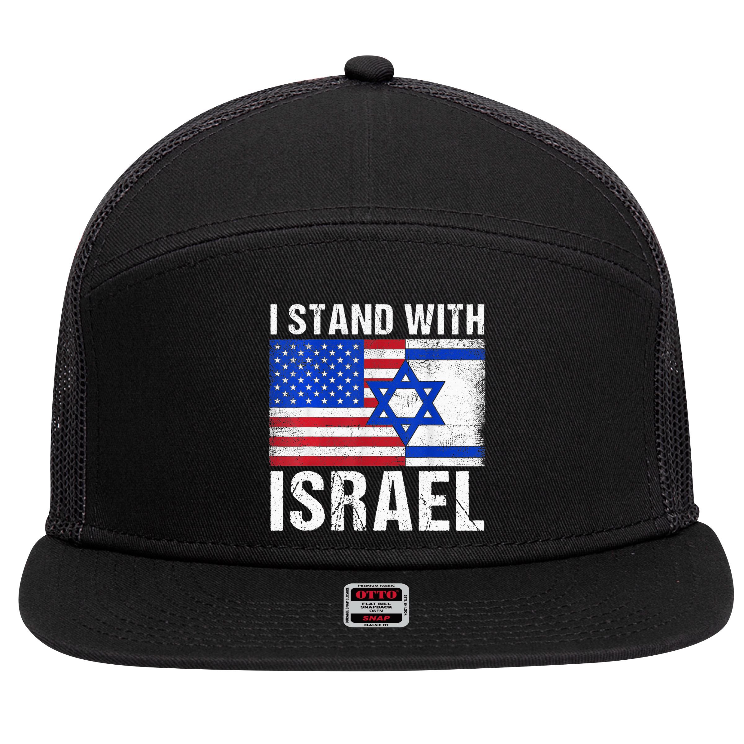 I Stand With Israel Patriotic T shirt USA and Israel Flag 7 Panel Mesh Trucker Snapback Hat