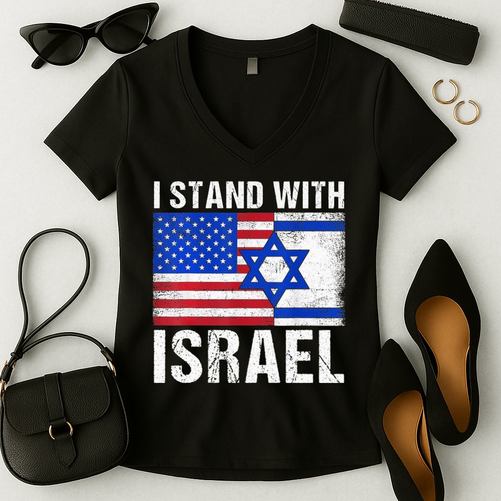 I Stand With Israel Patriotic T shirt USA and Israel Flag Women's V-Neck T-Shirt