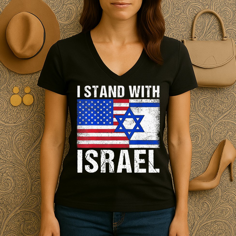 I Stand With Israel Patriotic T shirt USA and Israel Flag Women's V-Neck T-Shirt
