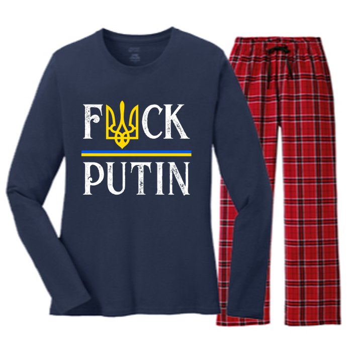 I Stand With Ukraine Flag Logo Trident Funny Anti Putin Women's Long Sleeve Flannel Pajama Set 