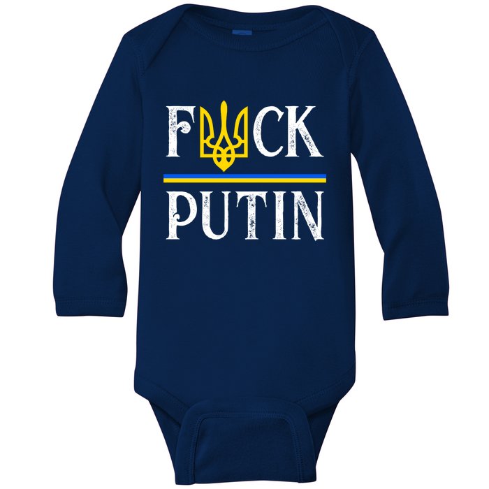 I Stand With Ukraine Flag Logo Trident Funny Anti Putin Baby Long Sleeve Bodysuit