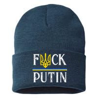 I Stand With Ukraine Flag Logo Trident Funny Anti Putin Sustainable Knit Beanie