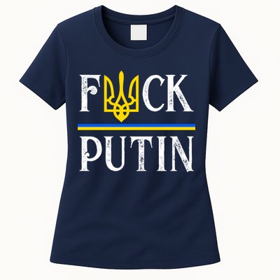I Stand With Ukraine Flag Logo Trident Funny Anti Putin Womens T-Shirt