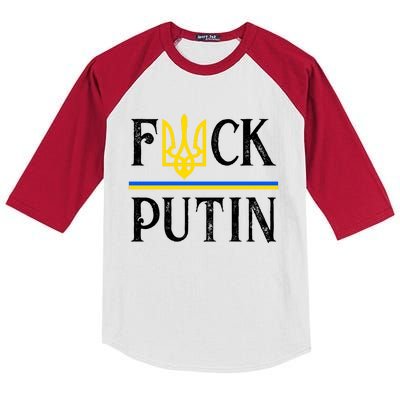 I Stand With Ukraine Flag Logo Trident Funny Anti Putin Kids Colorblock Raglan Jersey