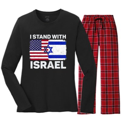 I Stand With Israel USA American Flag with Israel Flag Women's Long Sleeve Flannel Pajama Set 