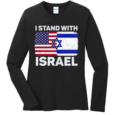 I Stand With Israel USA American Flag with Israel Flag Ladies Long Sleeve Shirt