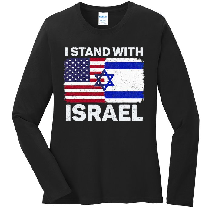 I Stand With Israel USA American Flag with Israel Flag Ladies Long Sleeve Shirt