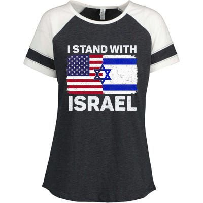 I Stand With Israel USA American Flag with Israel Flag Enza Ladies Jersey Colorblock Tee