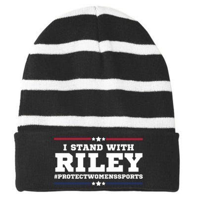 I Stand With Riley Gaines #ProtectWomensSports Striped Beanie with Solid Band