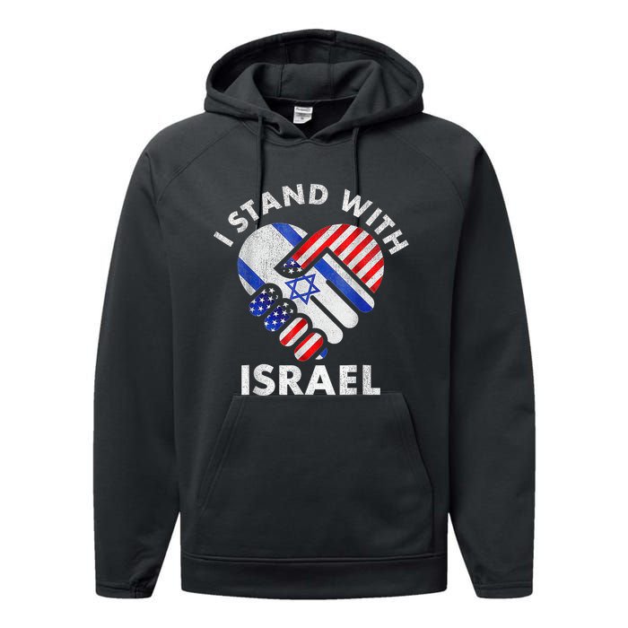 I Stand With Israel USA American Flag with Israel Flag Performance Fleece Hoodie