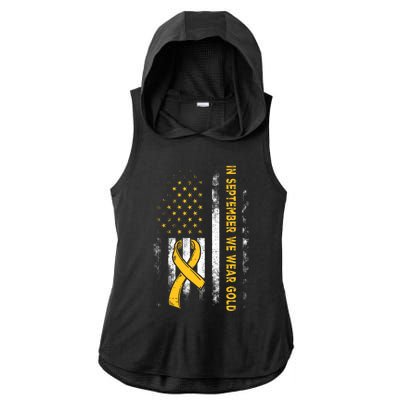 In September We Wear Gold Us Flag Childhood Cancer Awareness Ladies PosiCharge Tri-Blend Wicking Draft Hoodie Tank