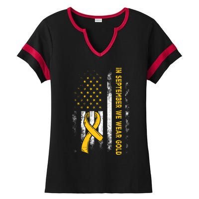 In September We Wear Gold Us Flag Childhood Cancer Awareness Ladies Halftime Notch Neck Tee