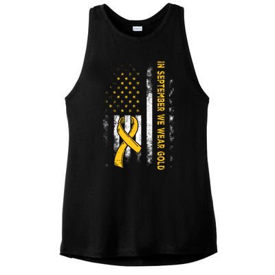 In September We Wear Gold Us Flag Childhood Cancer Awareness Ladies PosiCharge Tri-Blend Wicking Tank