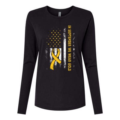 In September We Wear Gold Us Flag Childhood Cancer Awareness Womens Cotton Relaxed Long Sleeve T-Shirt