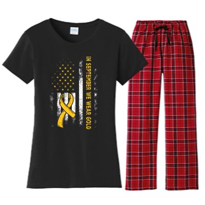 In September We Wear Gold Us Flag Childhood Cancer Awareness Women's Flannel Pajama Set