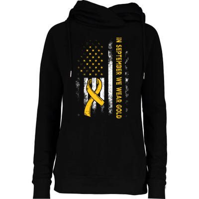 In September We Wear Gold Us Flag Childhood Cancer Awareness Womens Funnel Neck Pullover Hood