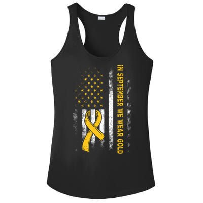 In September We Wear Gold Us Flag Childhood Cancer Awareness Ladies PosiCharge Competitor Racerback Tank