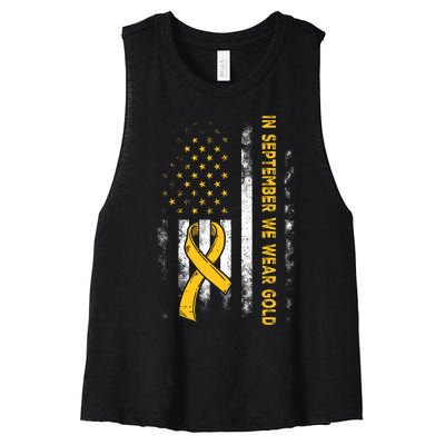 In September We Wear Gold Us Flag Childhood Cancer Awareness Women's Racerback Cropped Tank