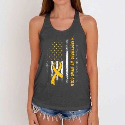 In September We Wear Gold Us Flag Childhood Cancer Awareness Women's Knotted Racerback Tank