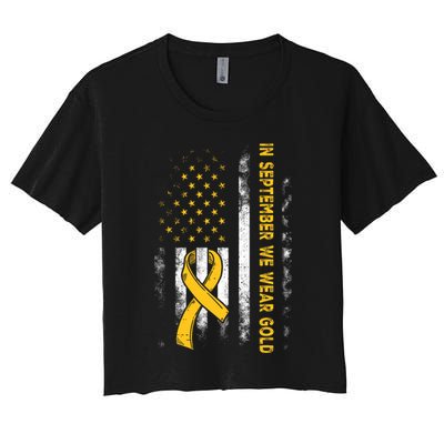 In September We Wear Gold Us Flag Childhood Cancer Awareness Women's Crop Top Tee