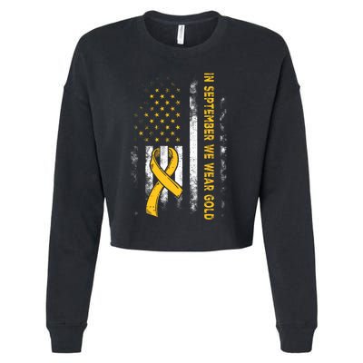 In September We Wear Gold Us Flag Childhood Cancer Awareness Cropped Pullover Crew