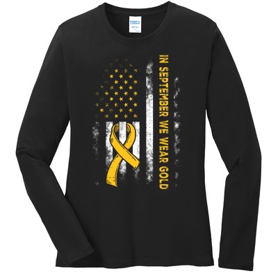 In September We Wear Gold Us Flag Childhood Cancer Awareness Ladies Long Sleeve Shirt