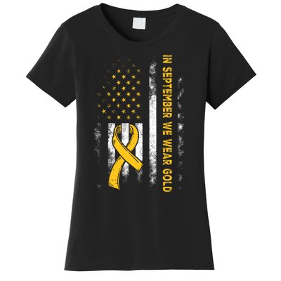 In September We Wear Gold Us Flag Childhood Cancer Awareness Women's T-Shirt