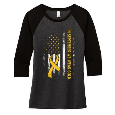 In September We Wear Gold Us Flag Childhood Cancer Awareness Women's Tri-Blend 3/4-Sleeve Raglan Shirt