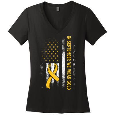 In September We Wear Gold Us Flag Childhood Cancer Awareness Women's V-Neck T-Shirt