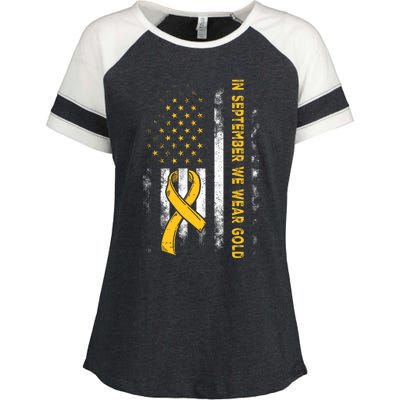 In September We Wear Gold Us Flag Childhood Cancer Awareness Enza Ladies Jersey Colorblock Tee