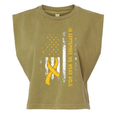 In September We Wear Gold Us Flag Childhood Cancer Awareness Garment-Dyed Women's Muscle Tee