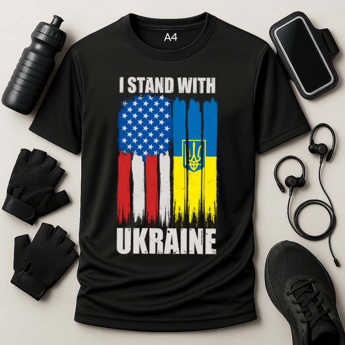 I Stand With Ukraine Painted USA Ukrainian Flags Cooling Performance Crew T-Shirt