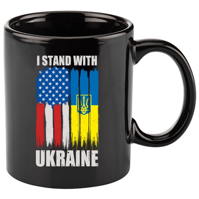 I Stand With Ukraine Painted USA Ukrainian Flags 11oz C Handle Ceramic Mug