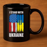 I Stand With Ukraine Painted USA Ukrainian Flags 11oz C Handle Ceramic Mug