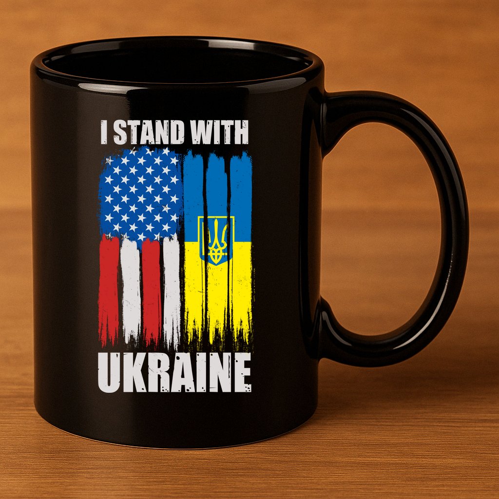 I Stand With Ukraine Painted USA Ukrainian Flags 11oz C Handle Ceramic Mug