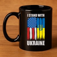 I Stand With Ukraine Painted USA Ukrainian Flags 11oz C Handle Ceramic Mug