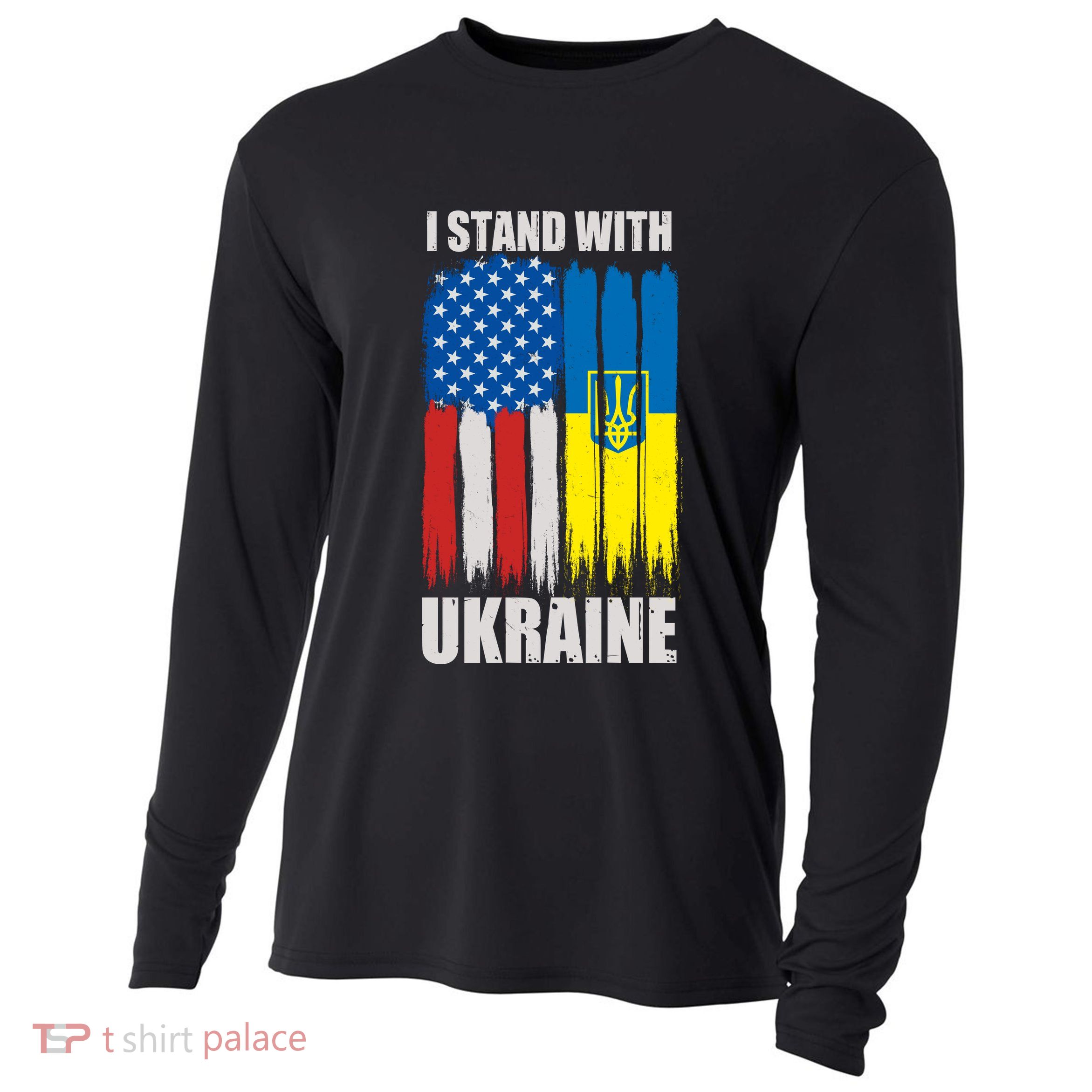 I Stand With Ukraine Painted USA Ukrainian Flags Cooling Performance Long Sleeve Crew