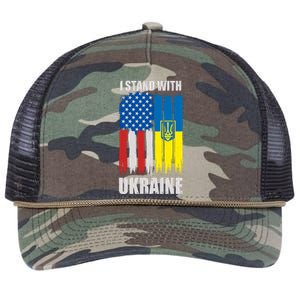 I Stand With Ukraine Painted USA Ukrainian Flags Retro Rope Trucker Hat Cap