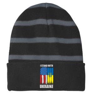 I Stand With Ukraine Painted USA Ukrainian Flags Striped Beanie with Solid Band