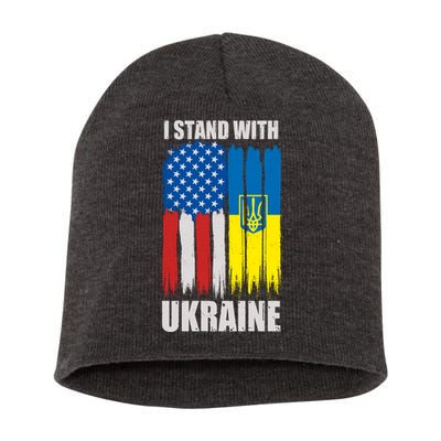 I Stand With Ukraine Painted USA Ukrainian Flags Short Acrylic Beanie