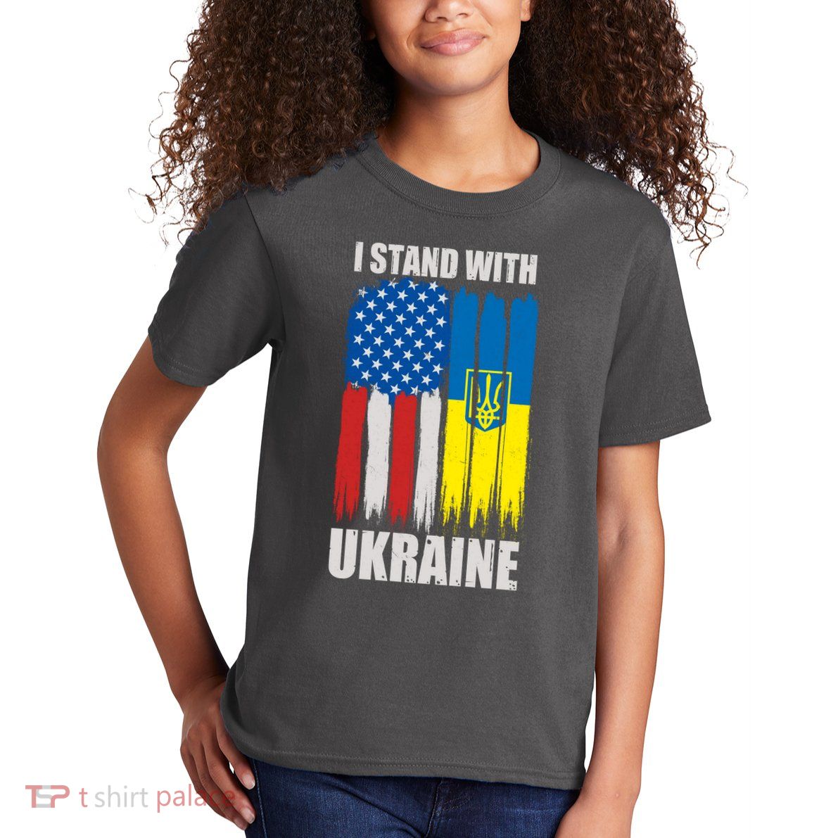 I Stand With Ukraine Painted USA Ukrainian Flags Kids T-Shirt