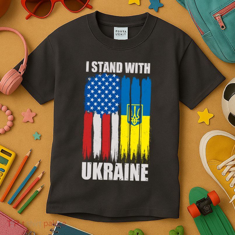 I Stand With Ukraine Painted USA Ukrainian Flags Kids T-Shirt