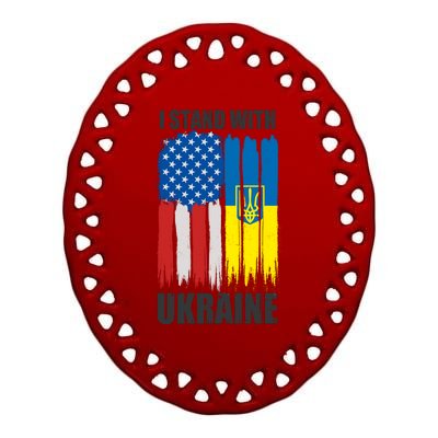 I Stand With Ukraine Painted USA Ukrainian Flags Ceramic Oval Ornament