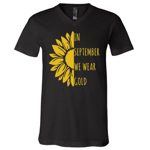 In September We Wear Gold Childhood Cancer Sunflower V-Neck T-Shirt