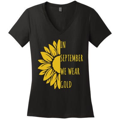 In September We Wear Gold Childhood Cancer Sunflower Women's V-Neck T-Shirt