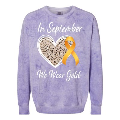 In September We Wear Gold Leopard Print Rainbow Childhood Cancer Awareness Colorblast Crewneck Sweatshirt