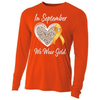 In September We Wear Gold Leopard Print Rainbow Childhood Cancer Awareness Cooling Performance Long Sleeve Crew