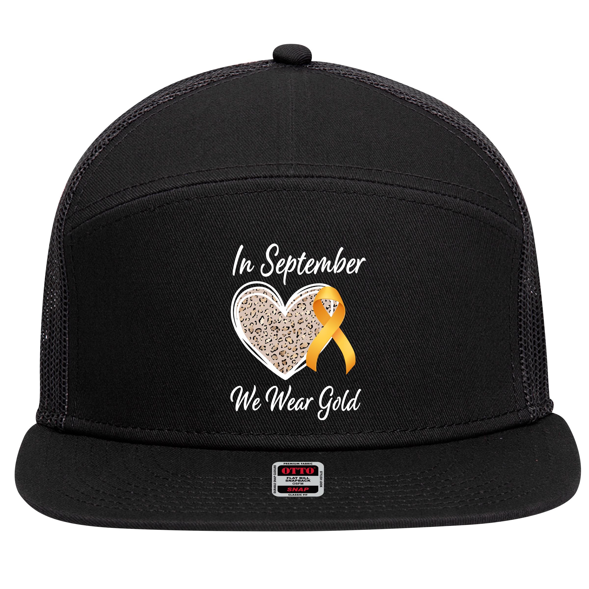 In September We Wear Gold Leopard Print Rainbow Childhood Cancer Awareness 7 Panel Mesh Trucker Snapback Hat