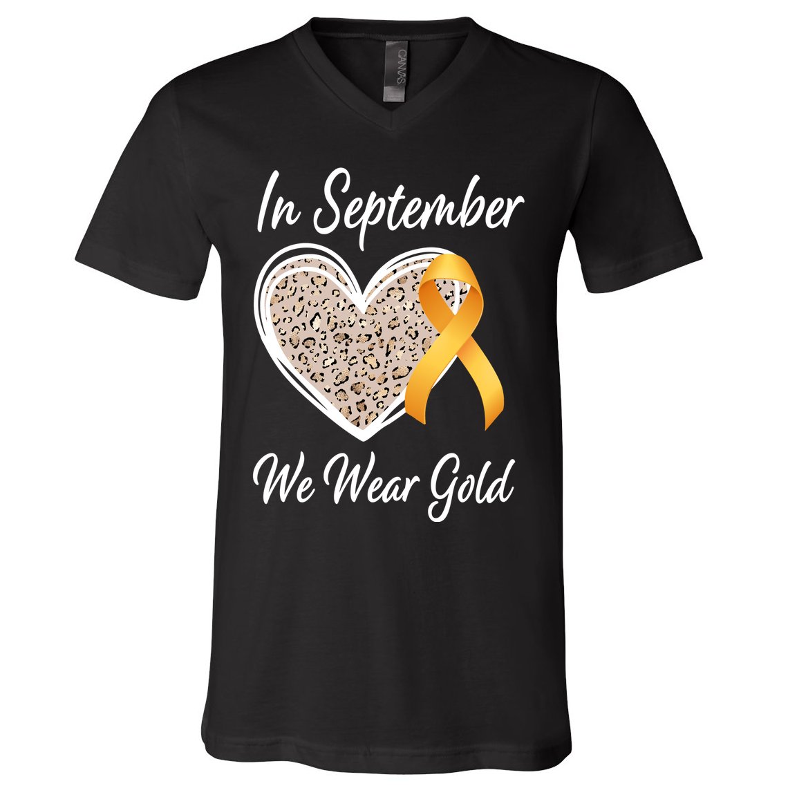 In September We Wear Gold Leopard Print Rainbow Childhood Cancer Awareness V-Neck T-Shirt