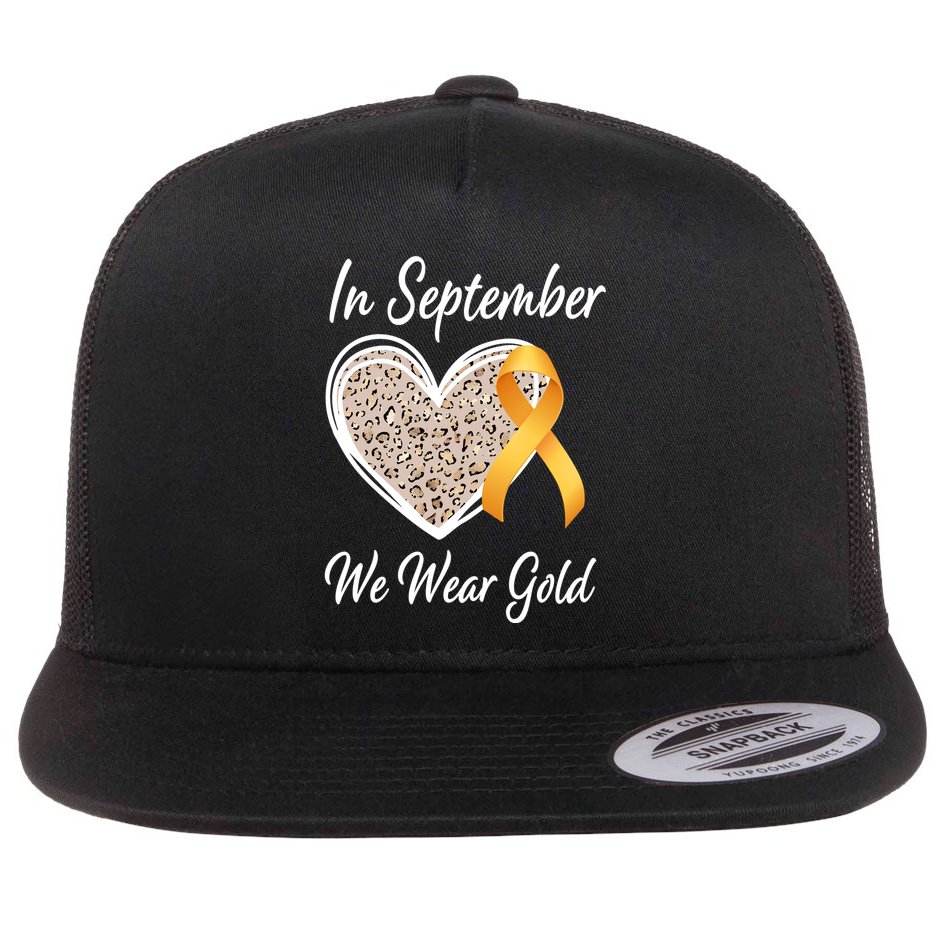 In September We Wear Gold Leopard Print Rainbow Childhood Cancer Awareness Flat Bill Trucker Hat